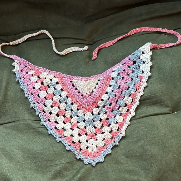 Beautiful pink blue and white crocheted (by me!) bandana!! 🐷 - Picture 2 of 2